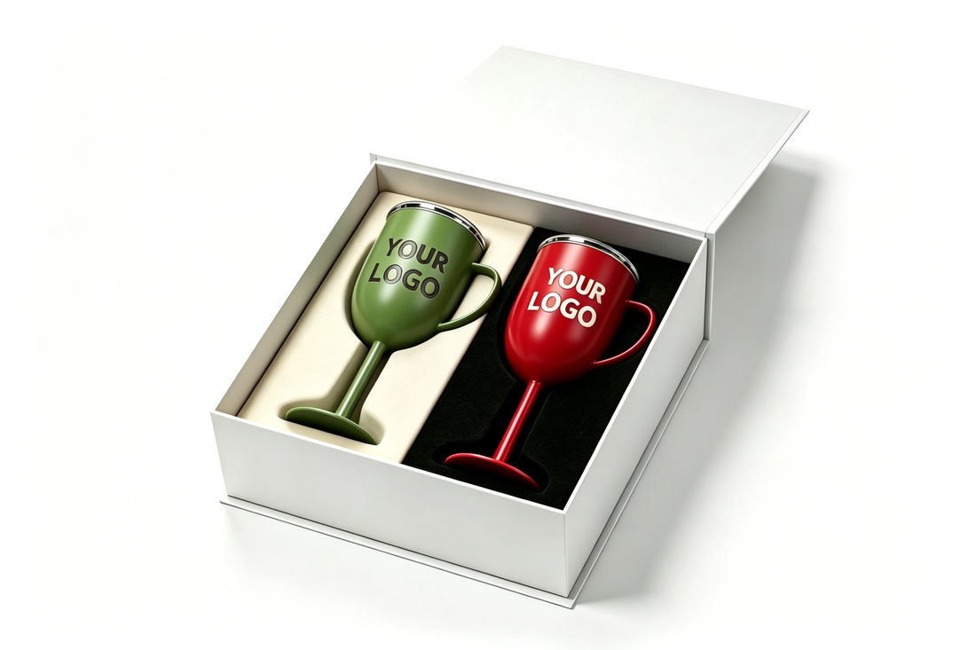 Custom laser engraved stainless steel goblet tumbler gift set with logo, green and red wine cups in white gift box
