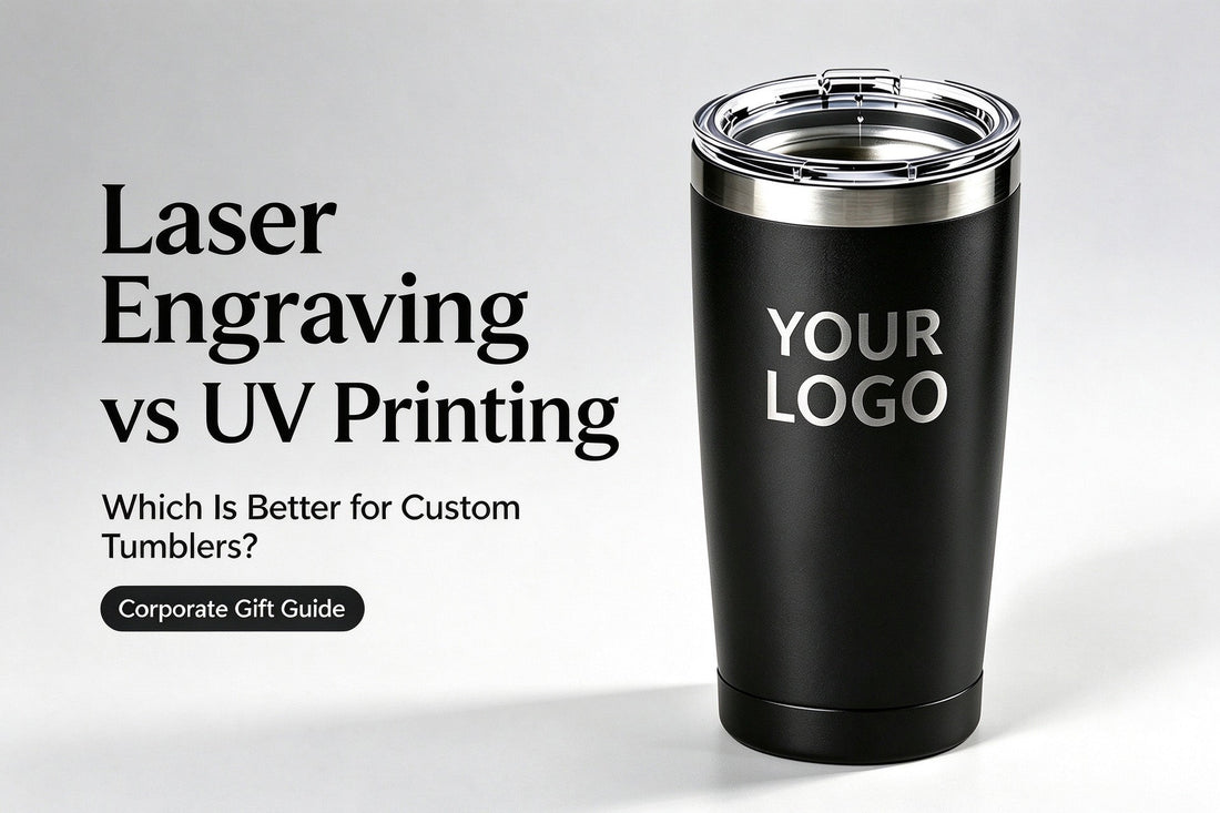 Laser engraved stainless steel tumbler with company logo, custom corporate gift