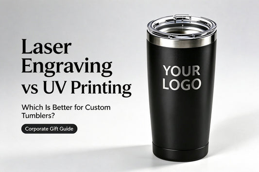 Laser engraved stainless steel tumbler with company logo, custom corporate gift