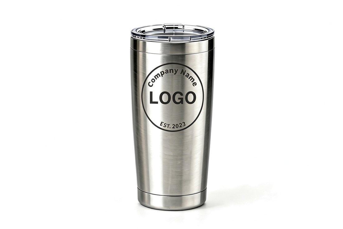 Custom laser engraved stainless steel tumbler with company logo, personalized promotional gift