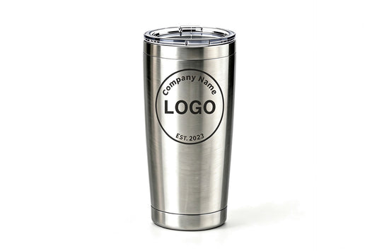 Custom laser engraved stainless steel tumbler with company logo, personalized promotional gift