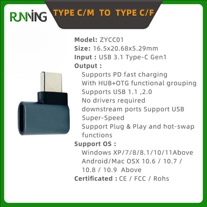 5 Pack 90 Degree L Type C Male Female Adapter USB3.1 OTG Fast Charging Metal Converter For Phone Laptop