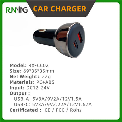 20W PD 3.0 Fast Car Charger USB-C + USB-A 5V/3A QC3.0 & SCP for Mobile Phone Camera Earphone & Smart Watch