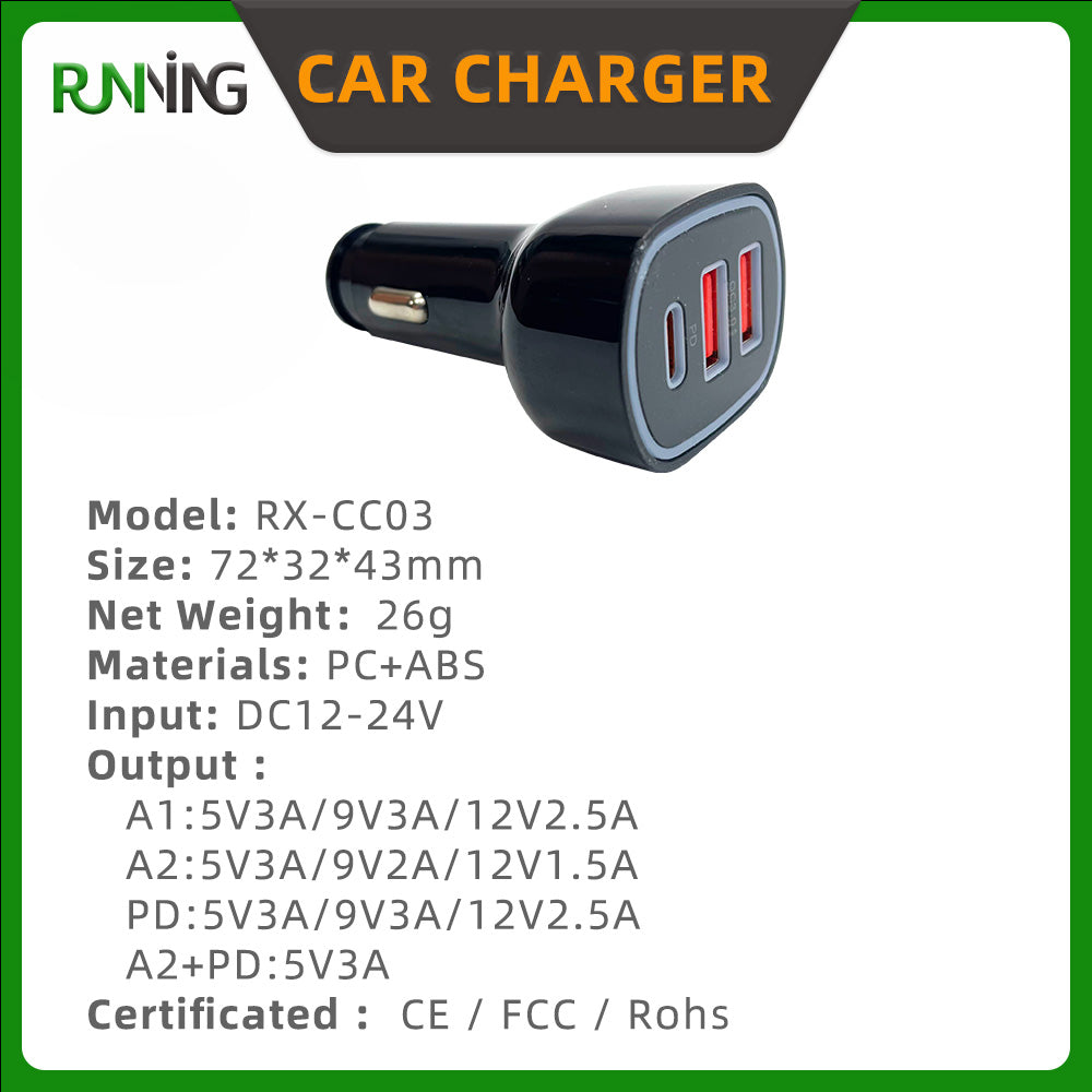 Car Charger with Type-C PD 3.0 & QC3.0/QC2.0 Fast Charging Dual USB Ports for Mobile Phones Smart Watch Camera & Earphone