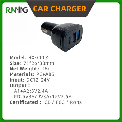 PD 3.0 & QC3.0 Fast Car Charger 30W USB-C + 24W USB-A Dual Port Adapter for Mobile Phones Smart Watch Earphones & Cameras
