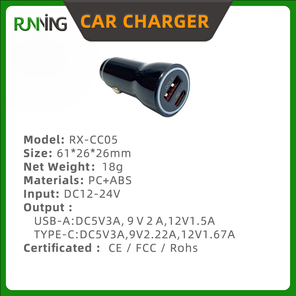 PD 3.0 Car Charger with USB-C & USB-A Fast Charging & QC3.0 for Mobile Phone Smart Watch Camera Earphone Tablet