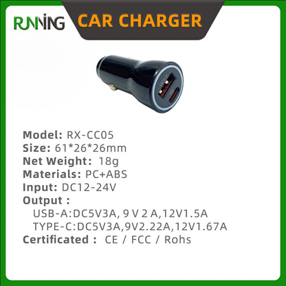 PD 3.0 Car Charger with USB-C & USB-A Fast Charging & QC3.0 for Mobile Phone Smart Watch Camera Earphone Tablet