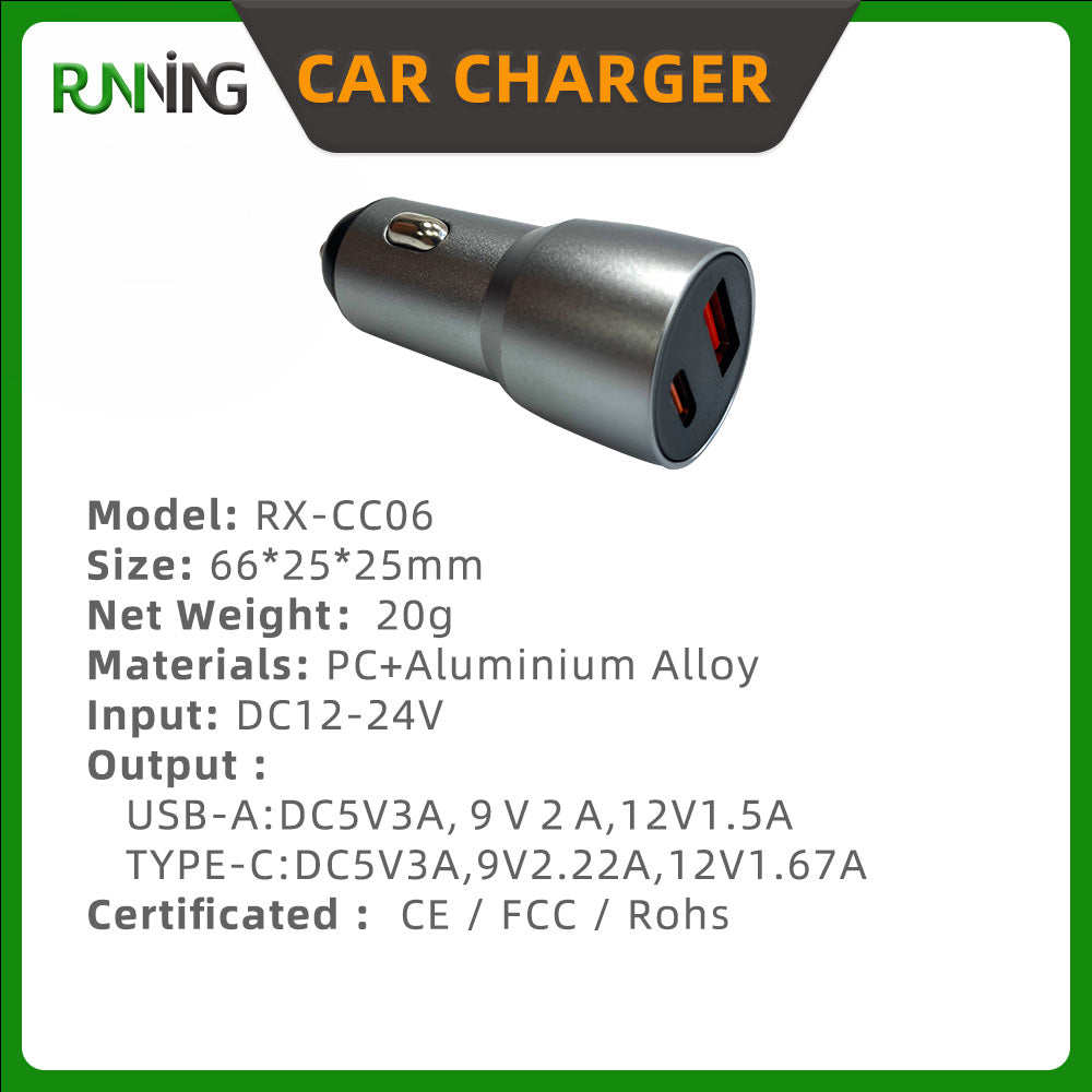 2 Pack 20W Dual A+C Fast Car Charger Aluminum+PC Vehicle Charging Adapter
