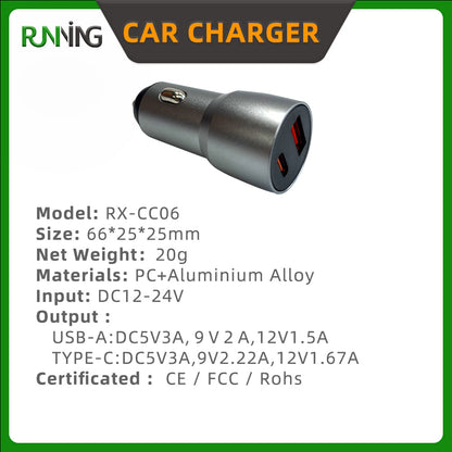 2 Pack 20W Dual A+C Fast Car Charger Aluminum+PC Vehicle Charging Adapter