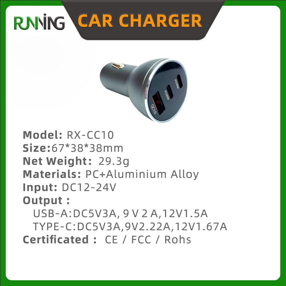 2 Pack 30W Triple Port Fast Car Charger | USB A + Dual Type C Aluminum+PC Heavy Duty Car Charger