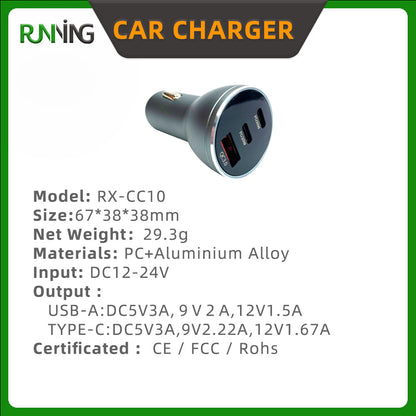 2 Pack 30W Triple Port Fast Car Charger | USB A + Dual Type C Aluminum+PC Heavy Duty Car Charger