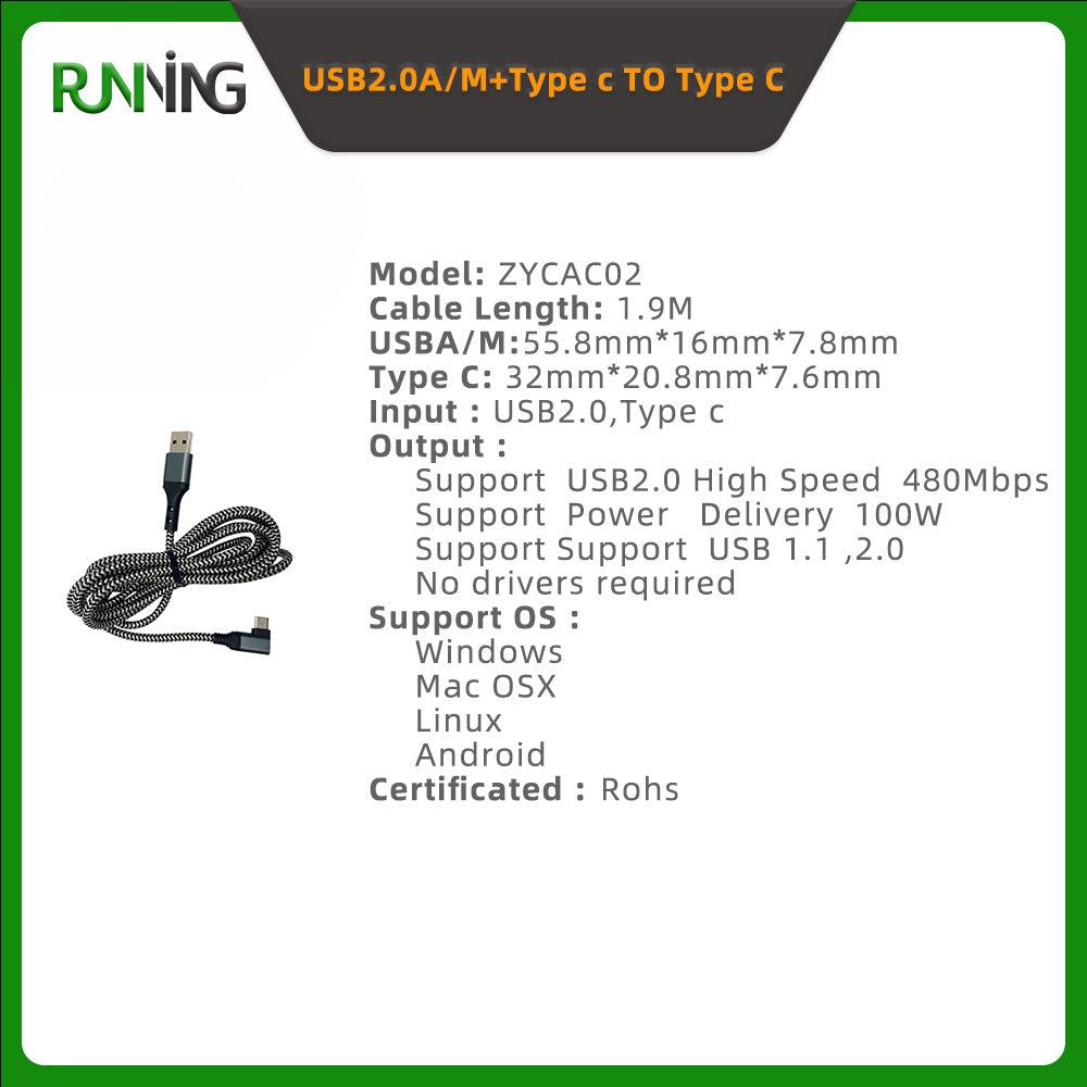 2 Pack 100W PD USB A+C to USB-C Fast Charging Cable 480Mbps Data Transfer Aluminum Alloy