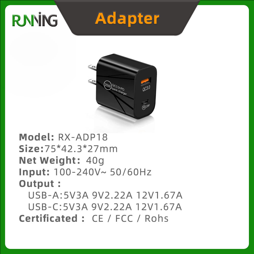 2 Pack 20W US Plug Dual Port A+C PD Fast Wall Charger Power Adapter For Phones