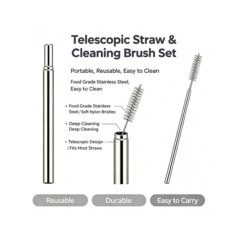telescopic reusable metal straw with straw cleaning brush set