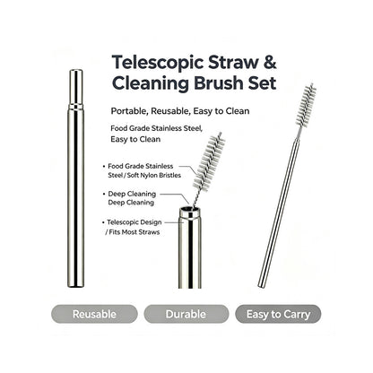 telescopic reusable metal straw with straw cleaning brush set