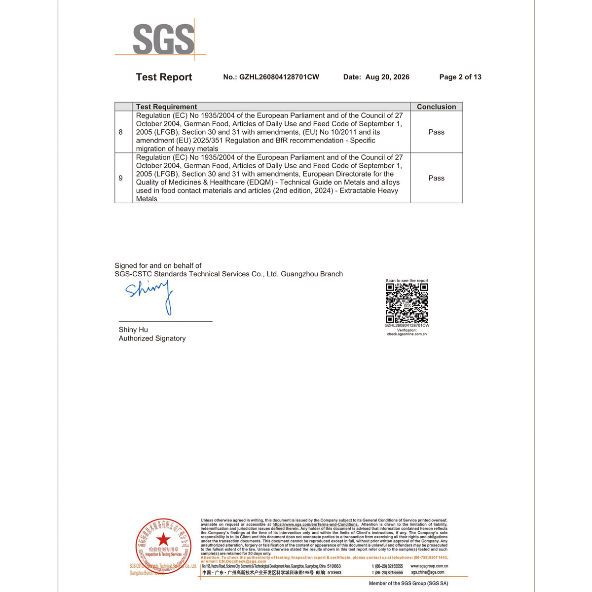SGS certification signature page for stainless steel custom water bottle EU food contact test
