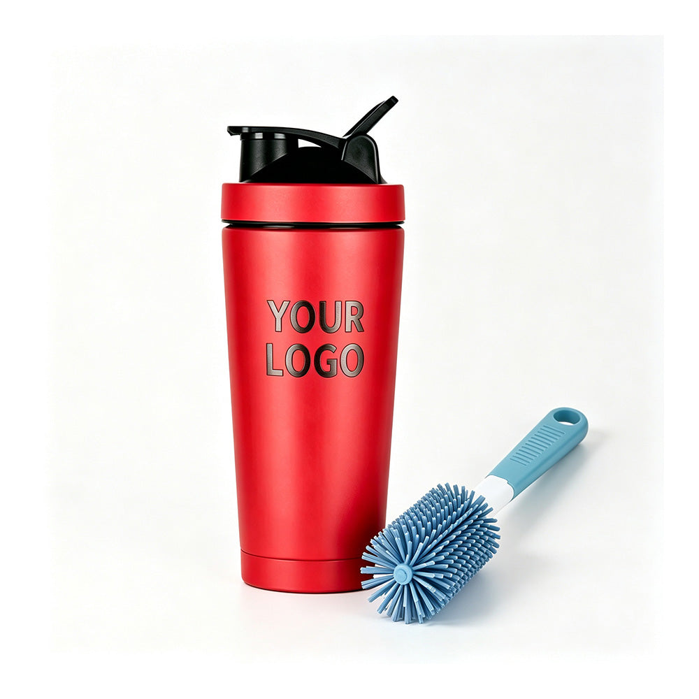 red 25oz custom engraved shaker bottle matched with cleaning brush