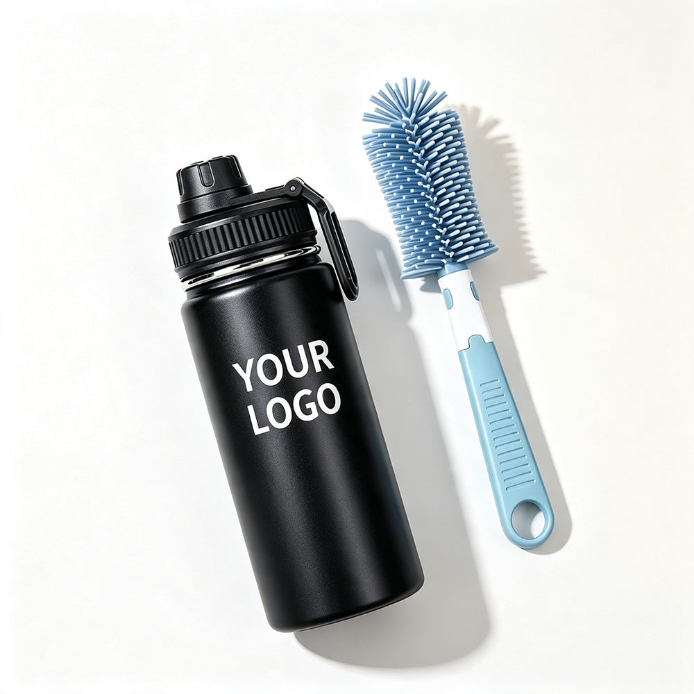 32oz custom logo stainless steel sports flask with silicone cleaning brush accessory